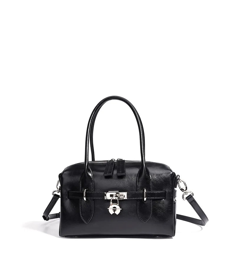 2025 Fall Winter New Top Grain Leather Spacious Boston Bag Lock Design Single Shoulder Crossbody Pack Women Commuting Handbag