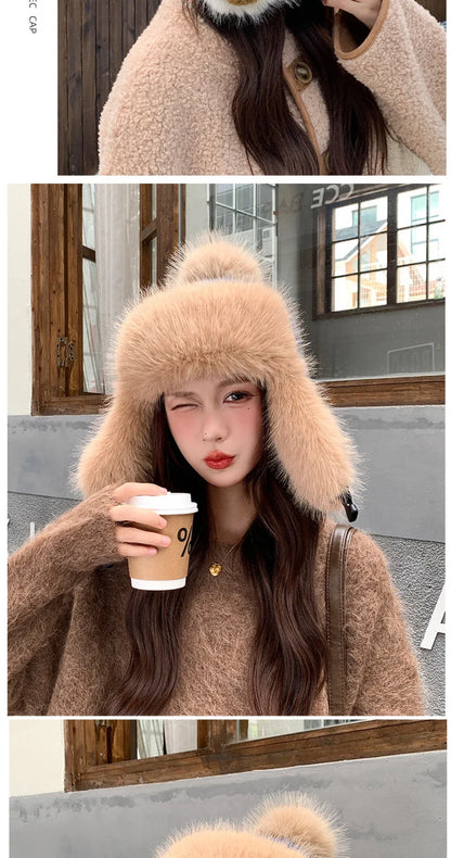 Russian Hat Ushanka Thick Warm Fluffy Fur Hat Women Snow Ski Earflap Cap Female Knitted Hat Skullies Beanies Bomber Hats