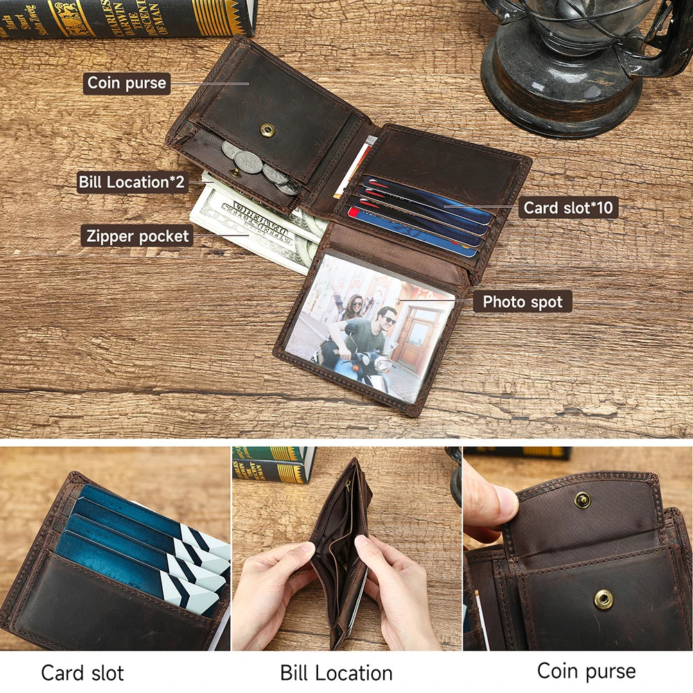 Compact-patterned Crazy Horse leather men's wallet, prone to scratches and repairable