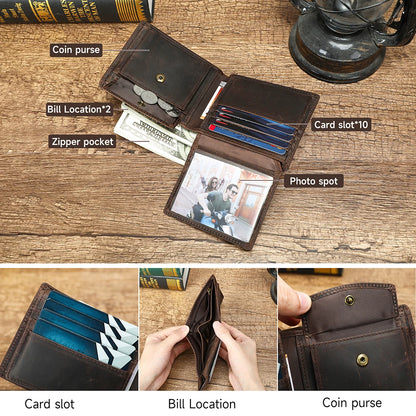 Compact-patterned Crazy Horse leather men's wallet, prone to scratches and repairable