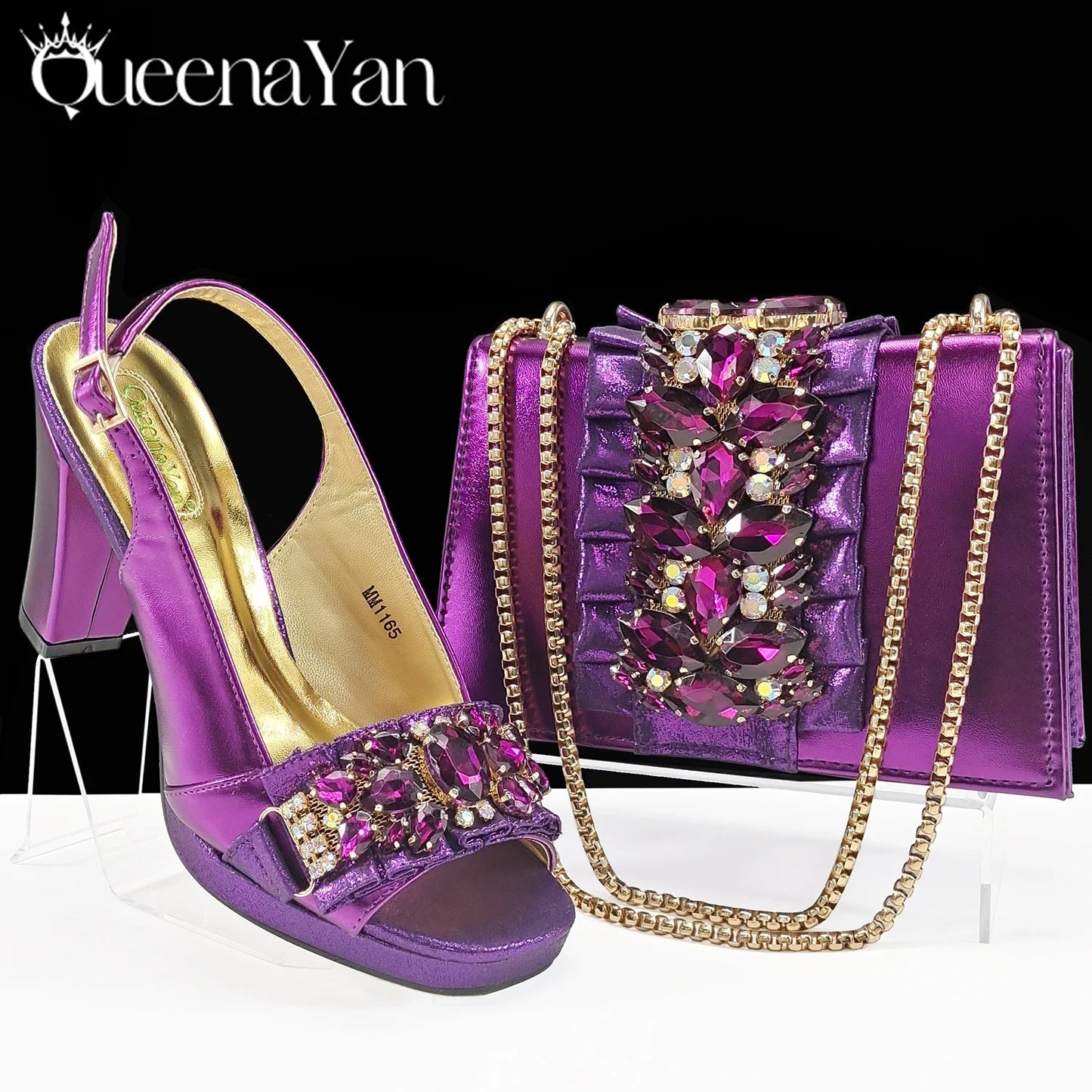 Spot goods INS Gold Color Elegant Women Heels Shoes and Bag Set Decoration Rhinestones Women High Heels Shoes