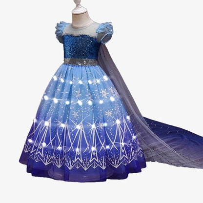 Elsa Princess Dresses +LED Light Girls Mesh Sequin Dress Kids Cosplay Frozen Snow Queen Costumes Halloween Party Gowns