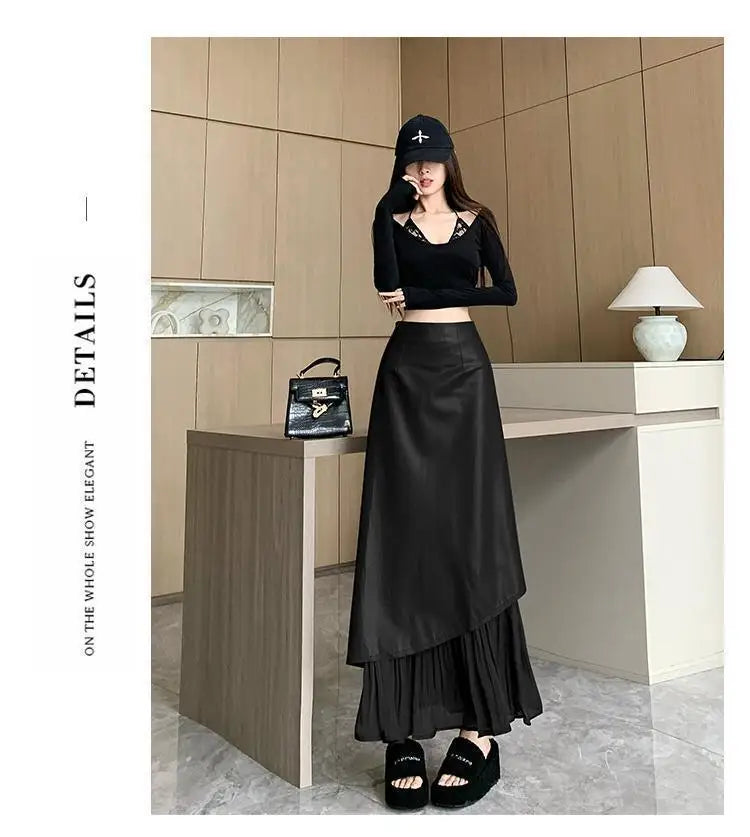 تنورة نسائية ريترو، تنورة طويلة بخصر عالٍ وقصة A-line بتصميم جديد للخريف المبكر من الجلد بخياطة غير متماثلة
