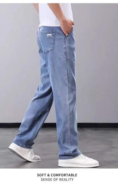 Summer Thin Straight Loose Wide Leg Pants Men's Silk Smooth Denim Jeans Casual Long Trousers Business Gentleman Style Water W...