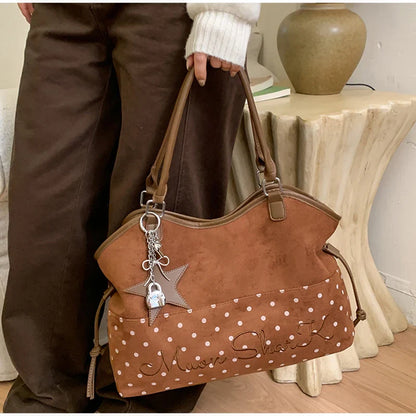 Vintage Frosted Tote Bag Casual Students Purse Large Capacity Shoulder Bag Polka Dot Drawstring Zipper Handbag With Star Pendant