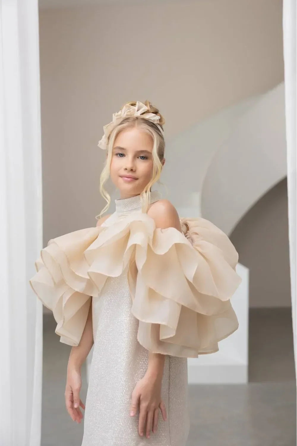 Beige Flower Girl Dresses for Wedding Toddler Girl's Birthday Gowns Customized High Neck Baby Pageant Outfit Dress