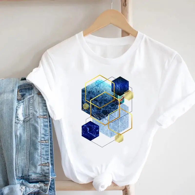 Women's Geometric Floral Print European and American Clothing Short Sleeve T-shirt Women Clothes  Tops  Harajuku