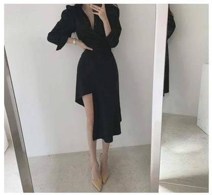 Early Autumn Shirt Dress Women's Mid-Length Asymmetrical Single-Button Notch Collar Slimming Style Commute Fashion