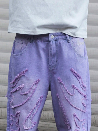 High-Street Style Purple Distressed Frayed Jeans for Men, Loose, Trendy Street Hip-Hop Wide-Leg Pants