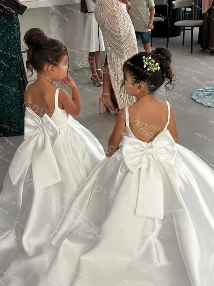 White Flower Girl Dress With Bow Strap Mini Bridal Wedding Dress Kids Ball Gown 1st Communion Frock Customized Vestidos De Noiva