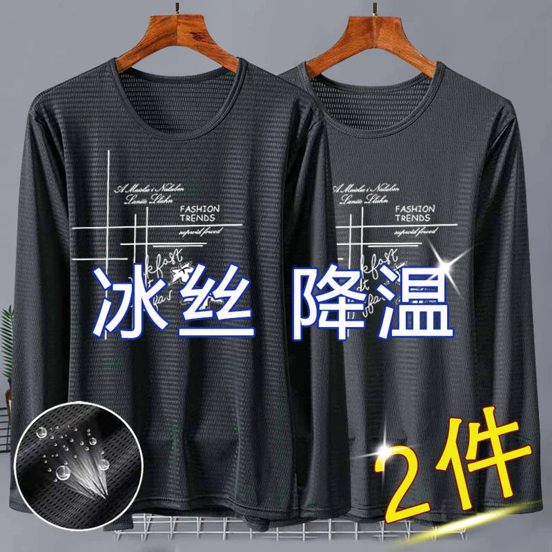 New 2025 Men's Ice Silk Breathable Sun Protection Hollow out Thin Long Sleeve Casual Sports T-Shirt Large Size Loose Fit