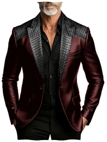 Men's Faux Suede Jacket with PU Leather Collar & Shoulder Two-Tone Blazer Contrast Trim Coat