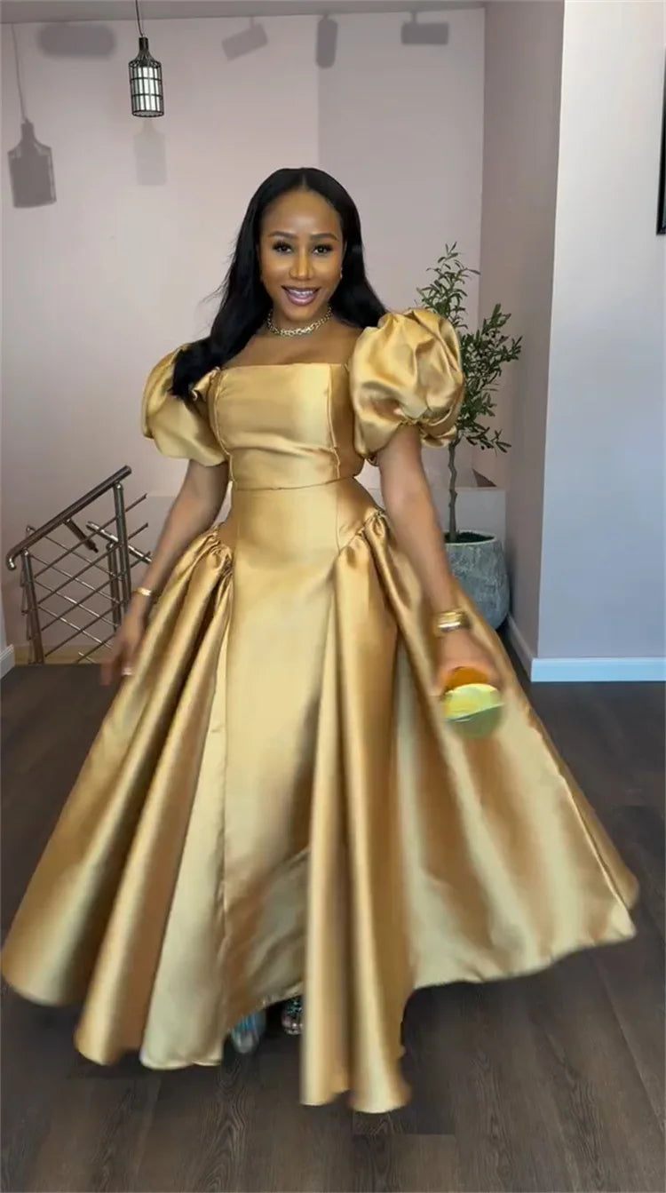 Elegant Dress for Women's Puff Sleeve Square Collar Gold Solid Pleated A-line Evening Party Cocktail Maxi Dresses