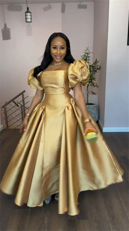 Elegant Dress for Women's Puff Sleeve Square Collar Gold Solid Pleated A-line Evening Party Cocktail Maxi Dresses