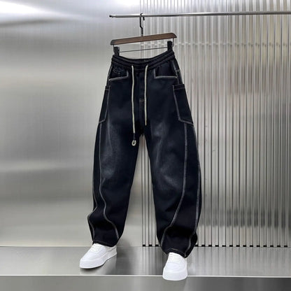 Spring Autumn 2025 New Splicing Cutting Elastic Waist Large Size Boys Washed Loose Wide Leg Big Pocket Scimitar Drawstring Jeans