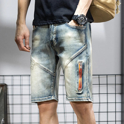 Summer Men's Denim Shorts Retro Motorcycle Elastic Cotton Fashion Knee Length Short Jeans Zipper Hip Hop Rock Streetwear