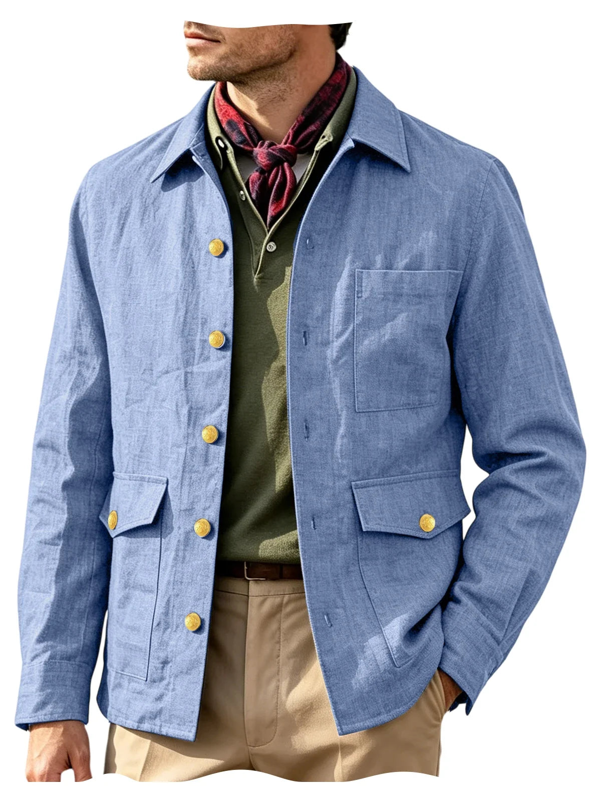 Vintage Men's Linen Jacket Lapel Collar Gold Button Casual Slim Fit Coat Lightweight Breathable for Formal Daily Office Wear