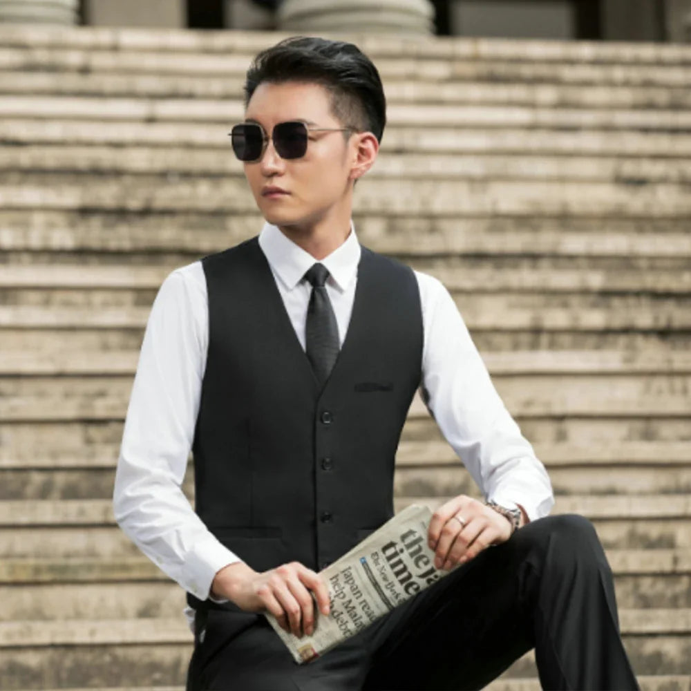 Small Size Men Vest Checkered Elastic Black Single Breasted Black Waistcoat For Host Groom Groomsmen Blue Suit Vest for Men