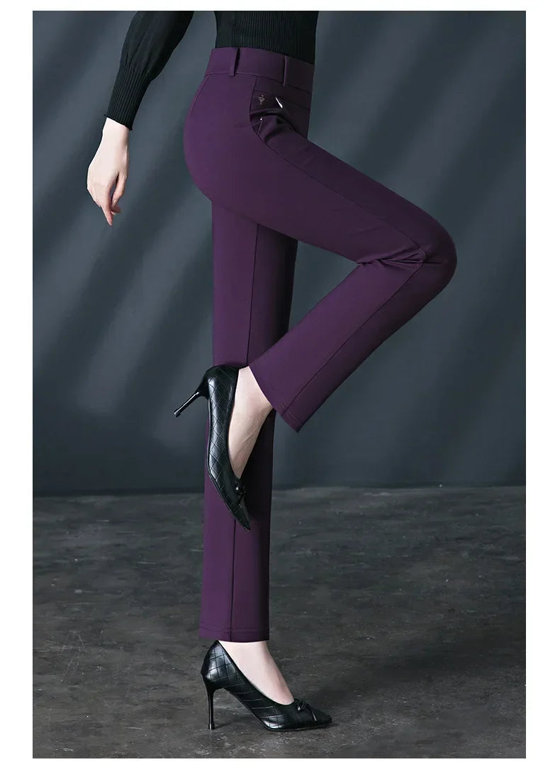 Black Women's High Waist Stretch Suit Pants, Fashion Slim Trousers, Purple Green Brown Pantalones, Asian Size M-6XL