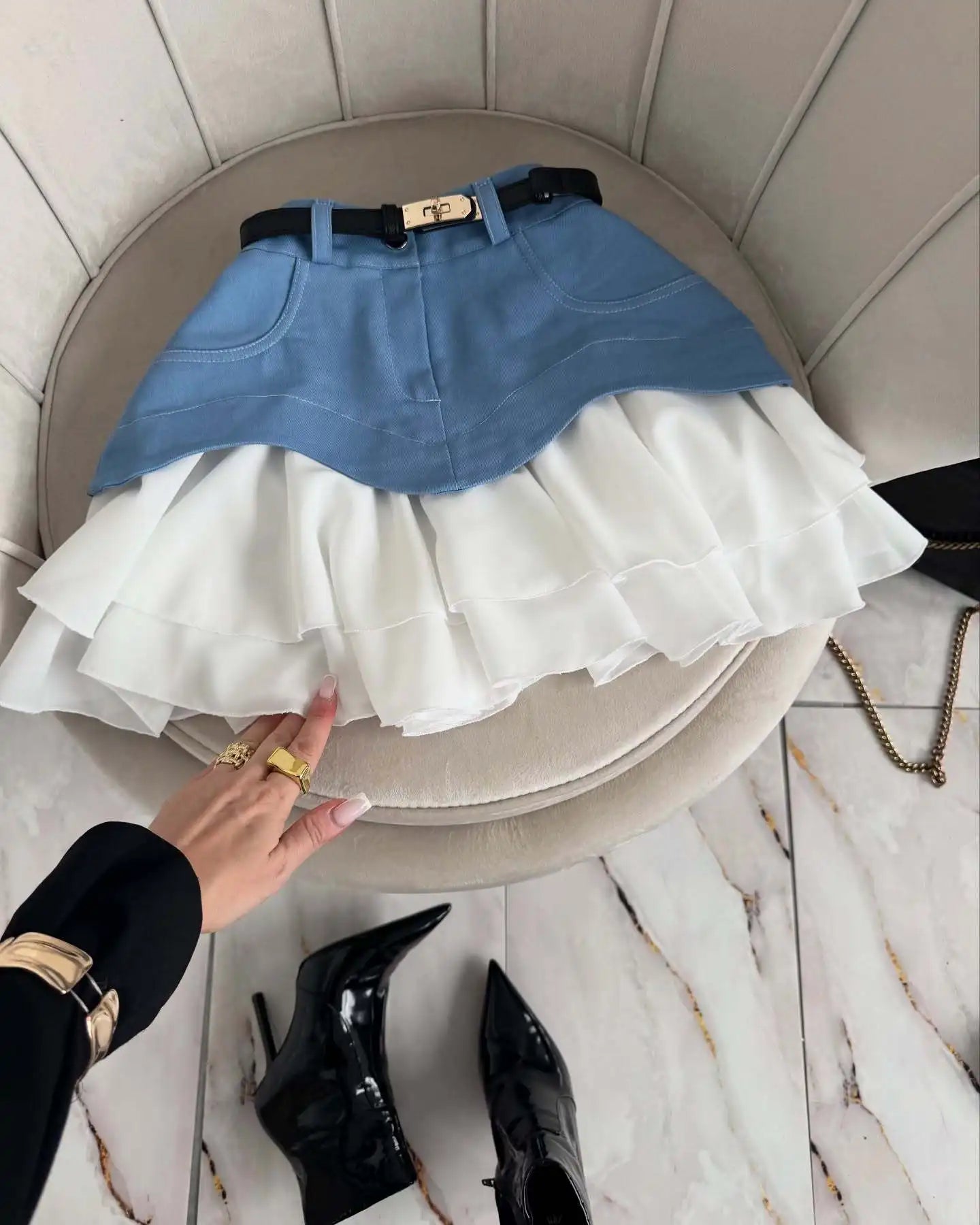 Denim Cake Skirt Women A Line Short Skirts High Waist Ruffles Elegant Splice Y2k Streetwear Party Pleated Slim Fit 2025 Spring