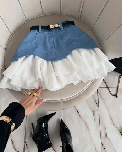 Denim Cake Skirt Women A Line Short Skirts High Waist Ruffles Elegant Splice Y2k Streetwear Party Pleated Slim Fit 2025 Spring