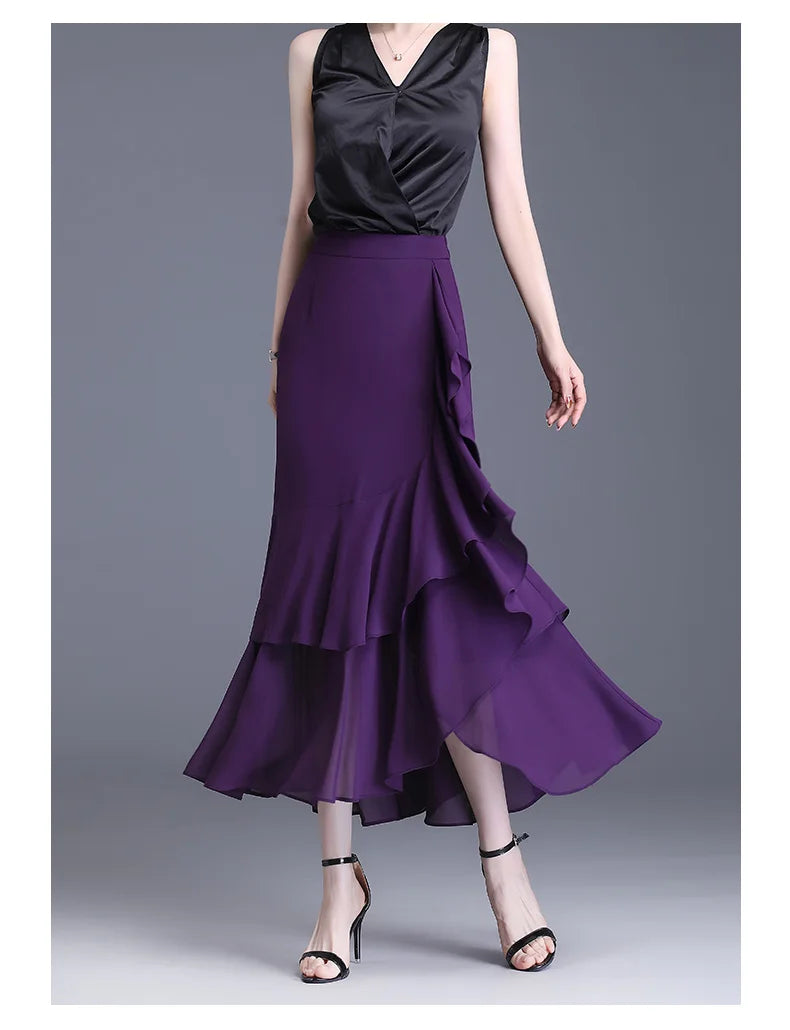 Fashion Irregular Fishtail Chiffon Skirts Elegant High Waist Summer Luxury Party Skirt Female Ruffles Long Skirts