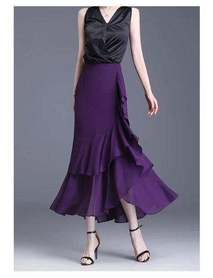 Fashion Irregular Fishtail Chiffon Skirts Elegant High Waist Summer Luxury Party Skirt Female Ruffles Long Skirts