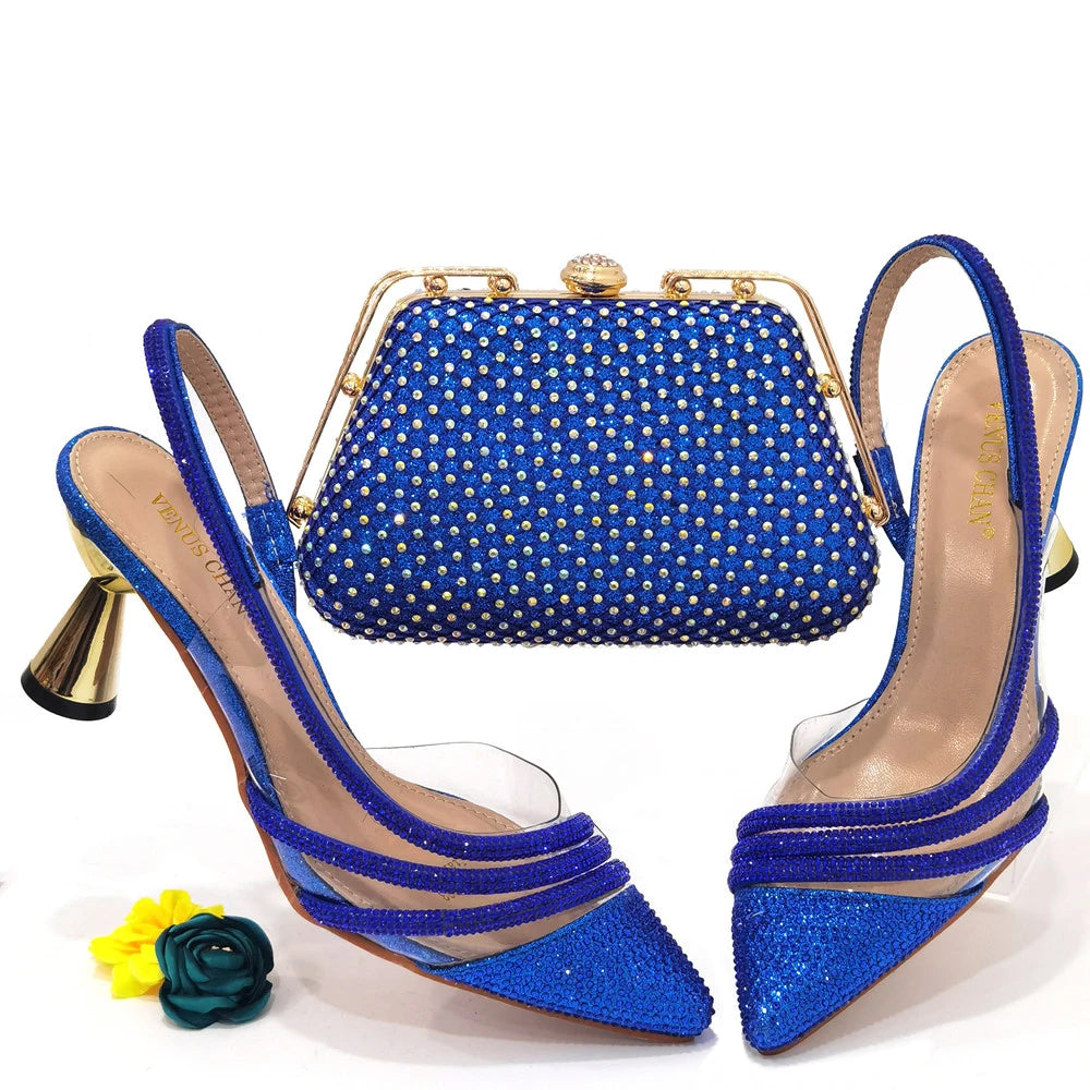 Italian Pointed Toe Wedding Shoes Gold Color Summer Sandal for Women 2023 High Heels Rhinestone Shoe and Bag Set