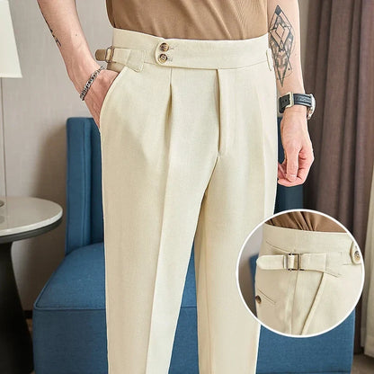 British Style Naples Men's High-end Linen Pants High Waist Straight Slim Fit Casual Trousers High Quality Solid Social Suit Pant
