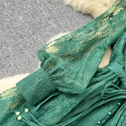 High-End Women's Dress Heavy Embroidery A-Line Long Skirt V-Neck Lantern Sleeve Single Button High Waist Korean Style Commute