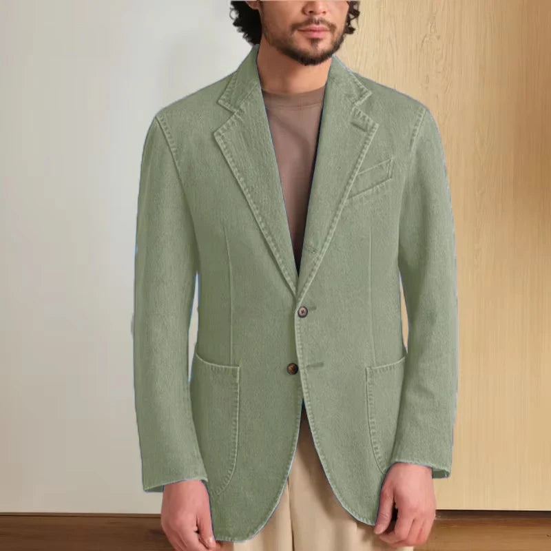 Men's Stretch Denim Blazer Classic Fit Notch Lapel 2 Button Suit Jacket Soft Breathable Business Casual Sport Coat with Pockets