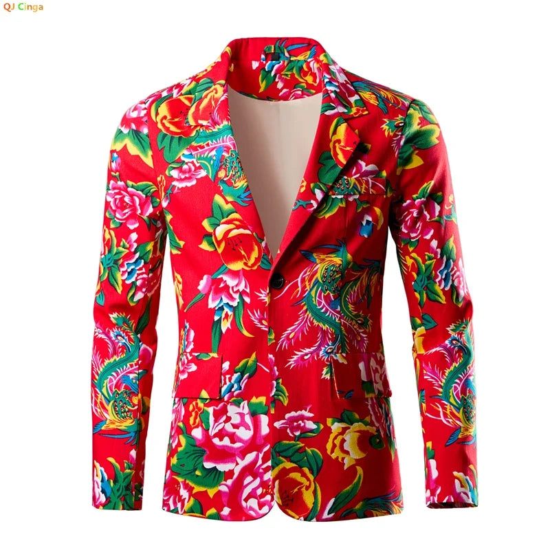 2026 Thin Men's Black Printed Suit Jacket, Asian Size V-Neck Single Button Blazer, Red Nostalgic Style Long Sleeve Cotton Coat.