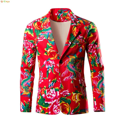 2026 Thin Men's Black Printed Suit Jacket, Asian Size V-Neck Single Button Blazer, Red Nostalgic Style Long Sleeve Cotton Coat.