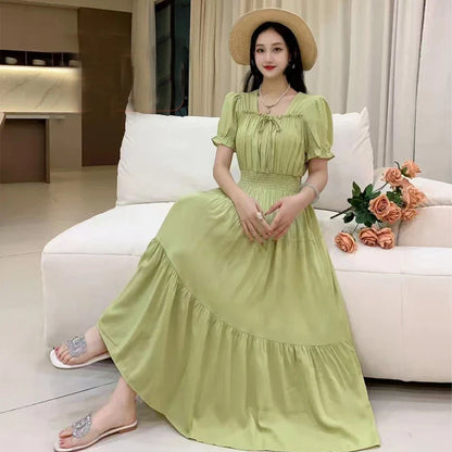 Summer New Cotton Silk Floral Print Maxi Dr ort Sve Beachwear High Waist Young Women's Large Skirt Swing Dr