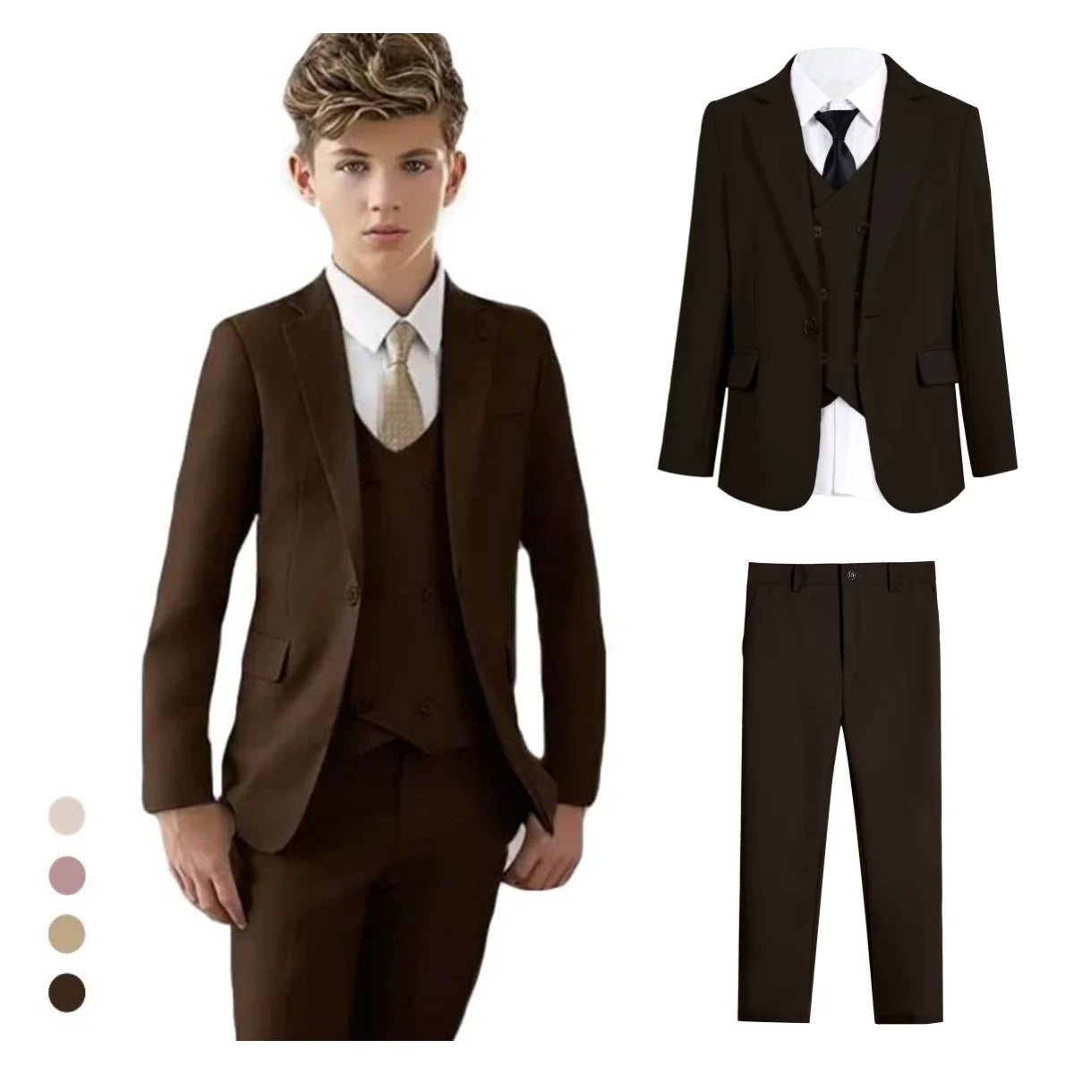 Vintage Brown Formal Suit Set for Kids, 3-14 Years Boy's Tuxedo Set, Blazer, Vest, Pants, Bow-tie, Graduation Party Dresswear