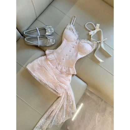 French Style Sweet Cute Polka Dot Splicing Dress Lace Bow Korean Fashion Dresses New Design Slim Waist Lady Y2k Mini Dress