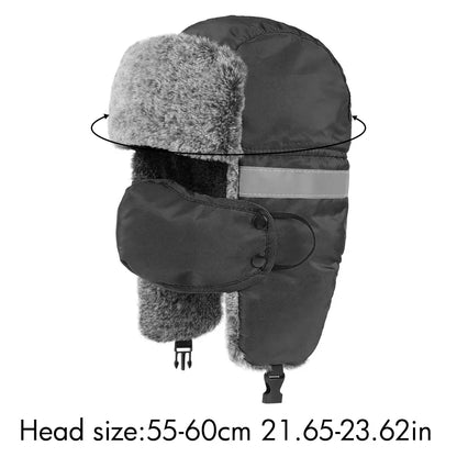 Men's Outdoor Fleece-Lined Thick Warm Reflective Strip Lei Feng Hat with Removable Mask Ear Flap Bomber Hat Winter Pilot Cap