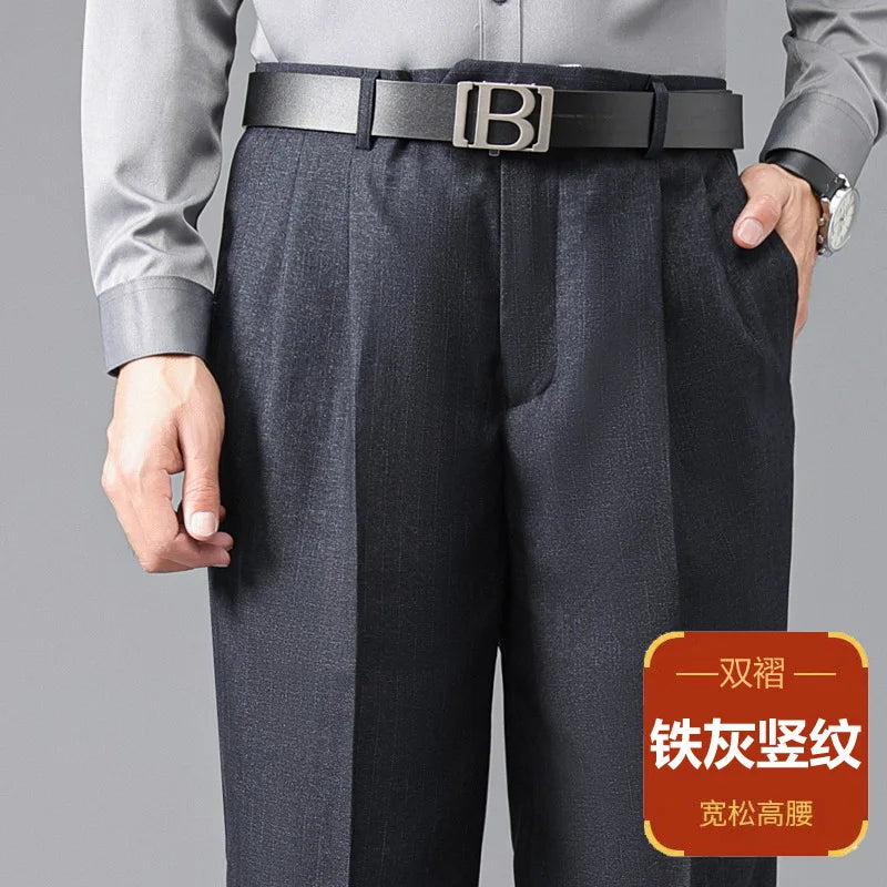 Double Pleated Mens British Pants High Waist Thicken Straight Business Black Formal Clothes For Mens Dress Trousers size 42 44