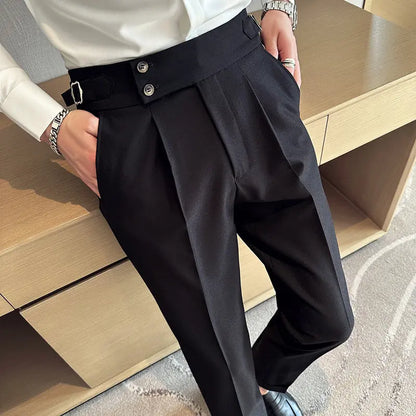 British Style Naples Solid Color High Waist Suit Pants High Quality Men Formal Business Social Party Wedding Casual Trousers