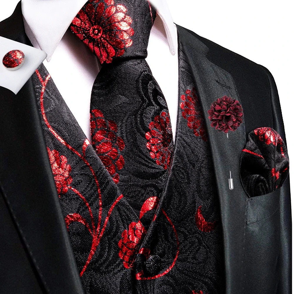 Luxury Mens Vests Black Gold Floral Jacquard Waistcoat Tie Hanky Cufflinks Brooch Set for Men Suit Wedding Office XL