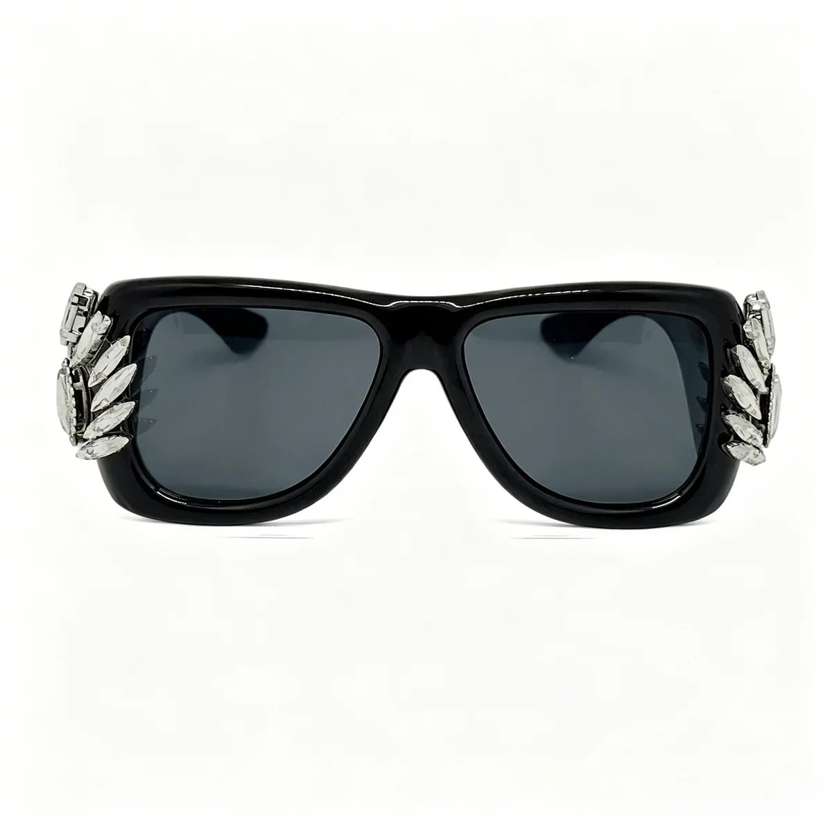 Women Oversized Square Cat Eye Sunglasses Luxury Rhinestone Floral Side Decor UV400 Thick Frame Shades for Party Nightclub