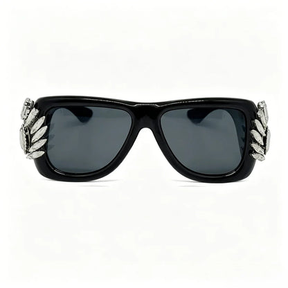 Women Oversized Square Cat Eye Sunglasses Luxury Rhinestone Floral Side Decor UV400 Thick Frame Shades for Party Nightclub