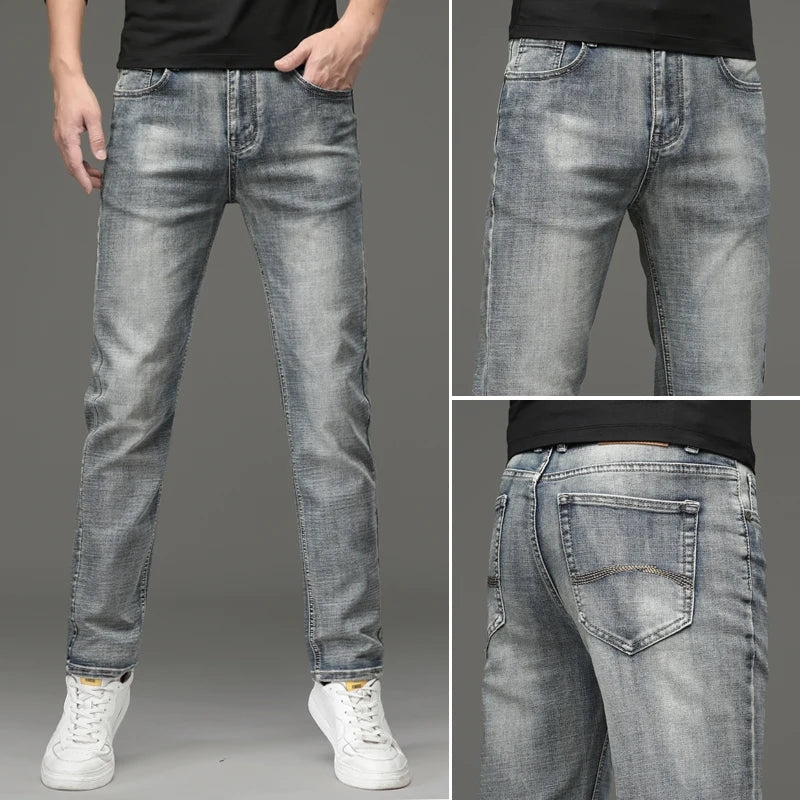 2025 Autumn New Slim Straight Jeans Men's Vintage Grey Elastic Cotton Fashion Casual Wash Denim Pants Korean Male Trousers