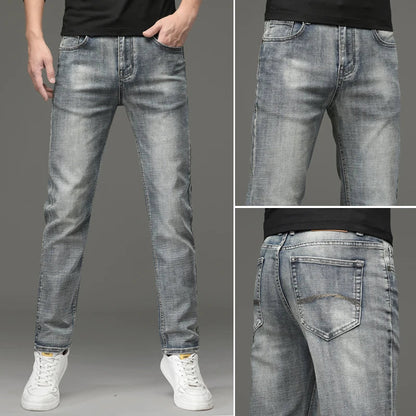 2025 Autumn New Slim Straight Jeans Men's Vintage Grey Elastic Cotton Fashion Casual Wash Denim Pants Korean Male Trousers