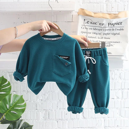 Spring Autumn Children Clothes Baby Boys Cotton Solid Waffle Sweatshirt + Pants 2Pcs Set Toddler Fashion Costume Kids Tracksuits
