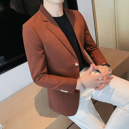 Plus Size 4XL-M Autumn New Waffle Suit Jacket Men Two Buttons Slim Fit Business Casual Blazers Homme Formal Groom Prom Tuxedo