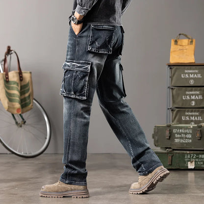 Autumn and winter new styles Men's Outdoor Wide Leg Workwear Multi-Pocket Jeans Straight fit plus size men's jeans  42 44