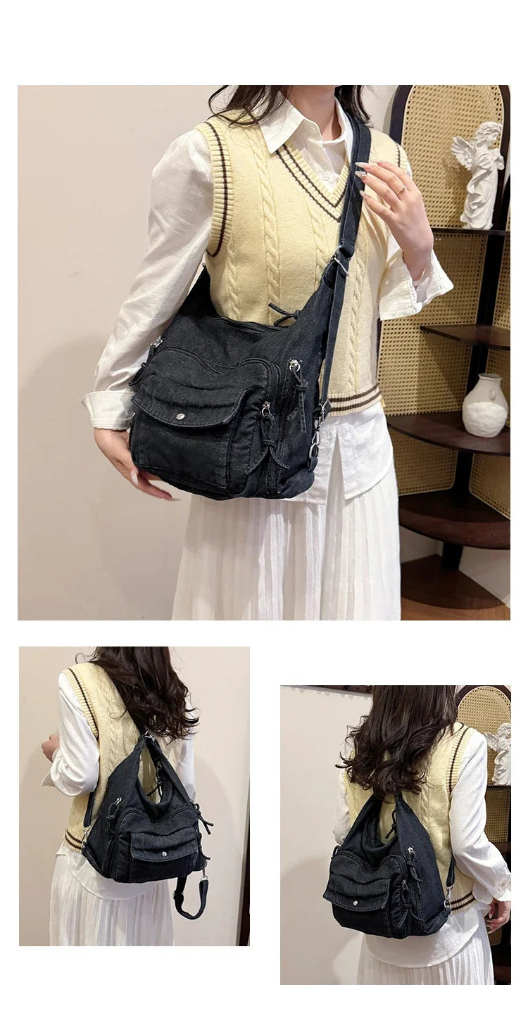 Solid Color Denim Trendy Shoulder Bag for 2025 High Quality Fashion Zipper Large Capacity Versatile Women's Crossbody Bag