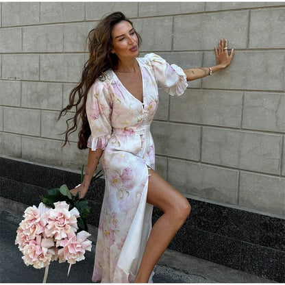 V-neck Organza Floral Chiffon Puff Sleeve Slit Long Dress Bodycon High Slit Bodycon Sexy Dresses Lady Chic Daily Sweet Date Robe