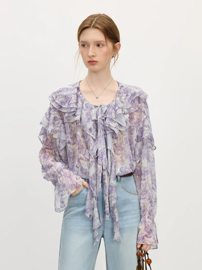 French Rose Ruffle Collar Shirt Women 2025 Summer New Commuter Long-sleeved Top 25FS12769